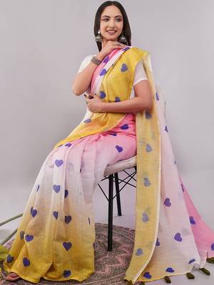Multicolor pure linen printed saree with blouse 3