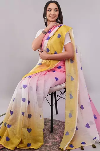 Multicolor pure linen printed saree with blouse