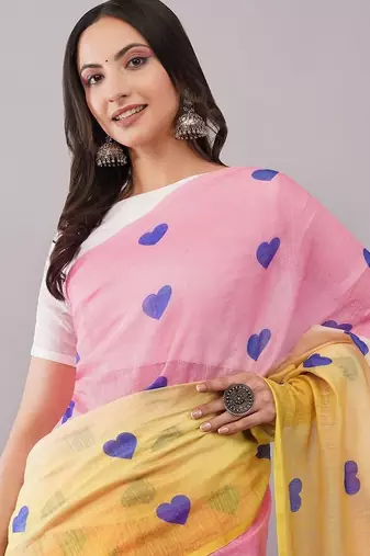 Multicolor pure linen printed saree with blouse