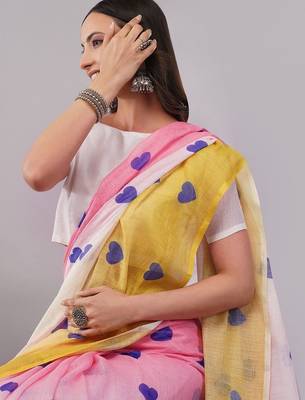Multicolor pure linen printed saree with blouse 5