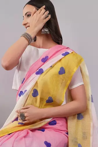 Multicolor pure linen printed saree with blouse