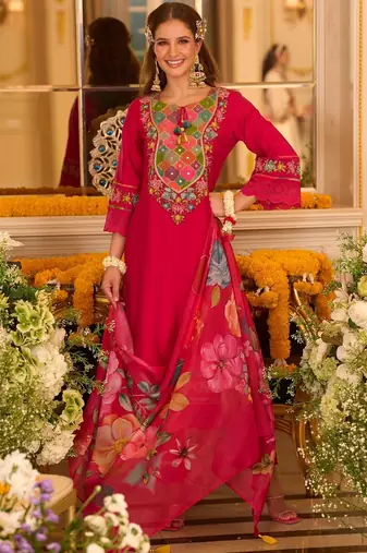 Women Ethnic Motifs Embroidered Regular Thread Work Kurta with Trousers & With Dupatta