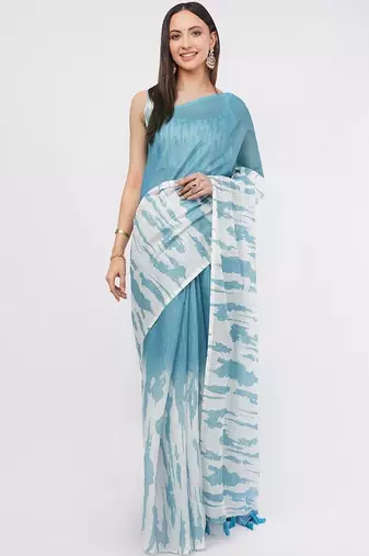 Blue pure linen dyed saree with blouse