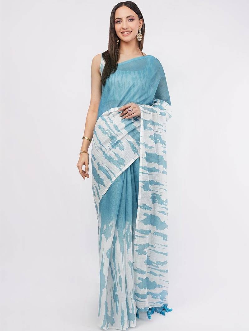 Blue pure linen dyed saree with blouse
