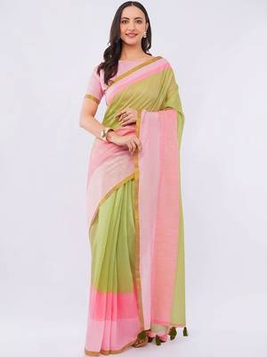 Multicolor pure linen colourblocked saree with blouse 1