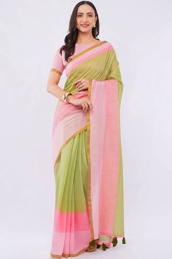 Multicolor pure linen colourblocked saree with blouse