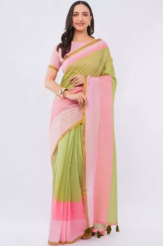 Multicolor pure linen colourblocked saree with blouse