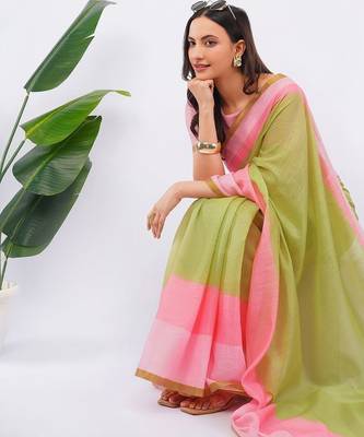Multicolor pure linen colourblocked saree with blouse 2