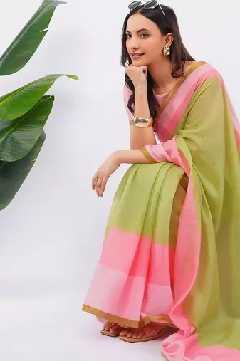 Multicolor pure linen colourblocked saree with blouse