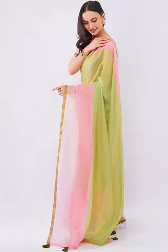 Multicolor pure linen colourblocked saree with blouse