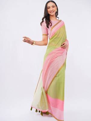 Multicolor pure linen colourblocked saree with blouse 4