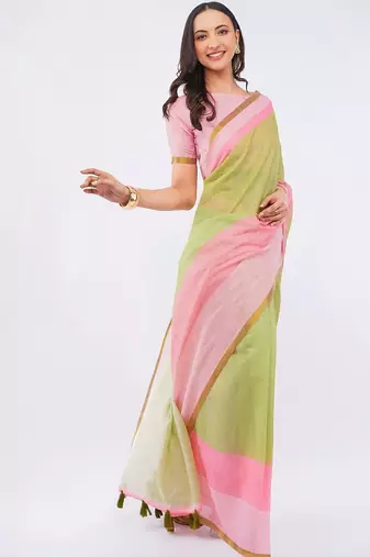 Multicolor pure linen colourblocked saree with blouse