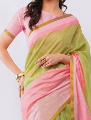 Multicolor pure linen colourblocked saree with blouse 5