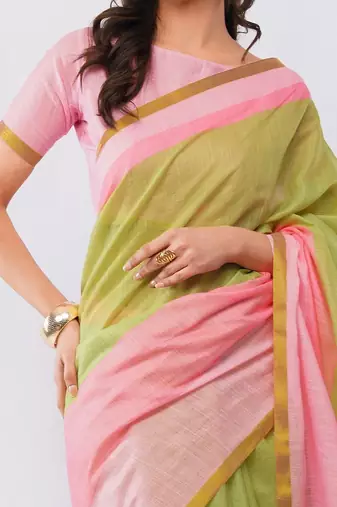 Multicolor pure linen colourblocked saree with blouse