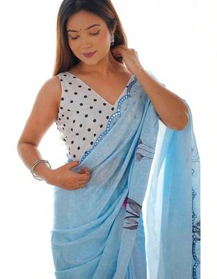 Turquoise pure georgette printed saree with blouse 2