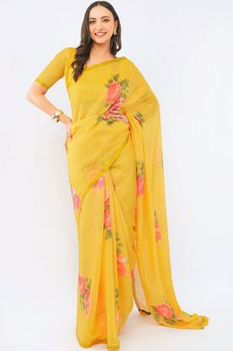Yellow pure linen printed saree with blouse