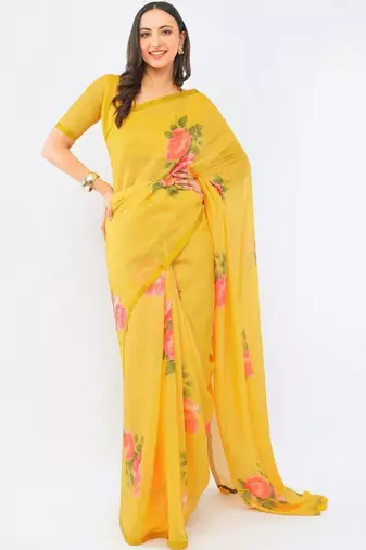 Yellow pure linen printed saree with blouse