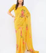 Yellow pure linen printed saree with blouse