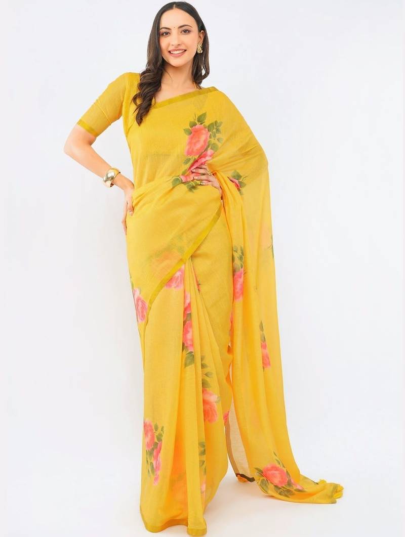 Yellow pure linen printed saree with blouse