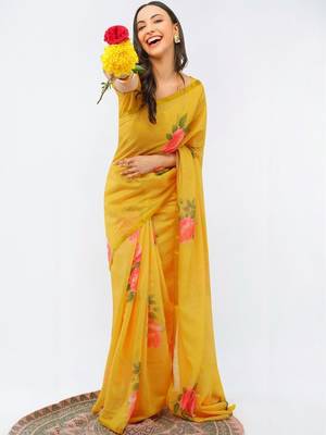 Yellow pure linen printed saree with blouse 2