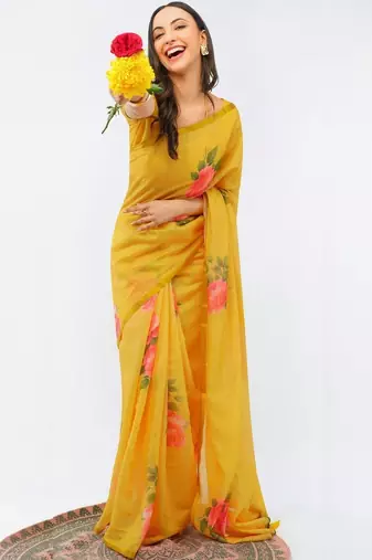 Yellow pure linen printed saree with blouse
