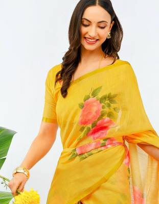 Yellow pure linen printed saree with blouse 3