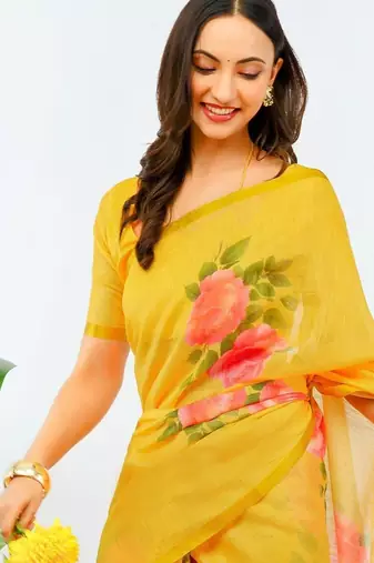 Yellow pure linen printed saree with blouse