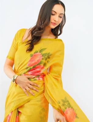 Yellow pure linen printed saree with blouse 4