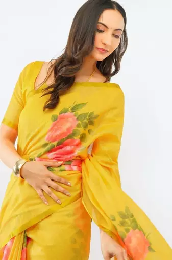 Yellow pure linen printed saree with blouse
