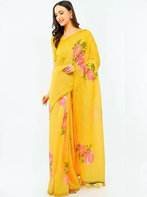 Yellow pure linen printed saree with blouse 5