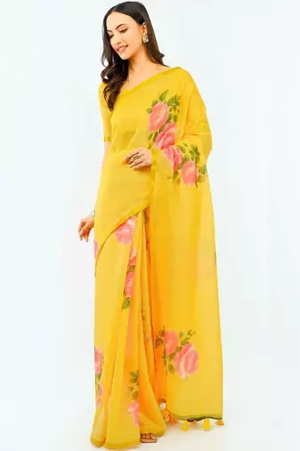 Yellow pure linen printed saree with blouse