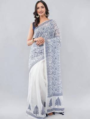 White linen printed saree with blouse 1