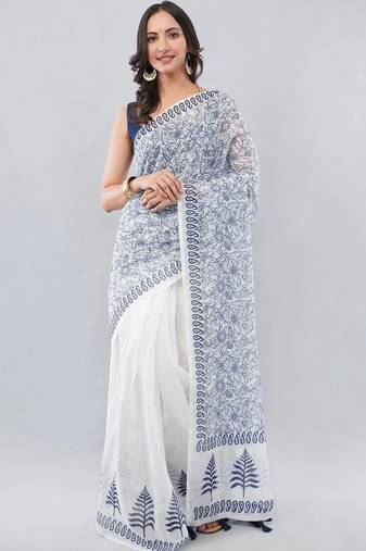 White linen printed saree with blouse