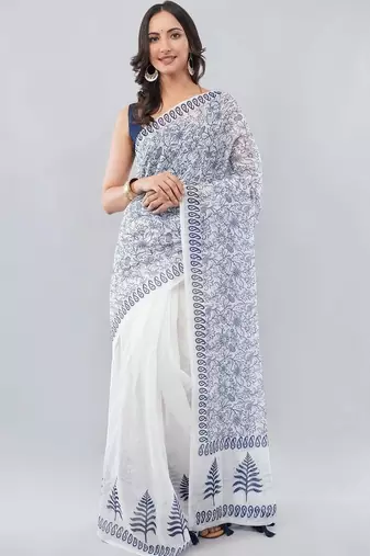 White linen printed saree with blouse
