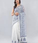White linen printed saree with blouse