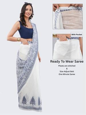 White linen printed saree with blouse 2