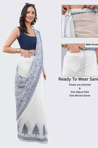 White linen printed saree with blouse