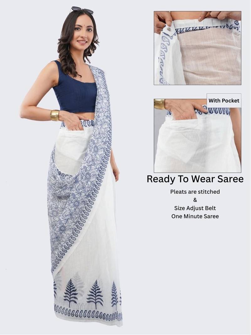 White linen printed saree with blouse
