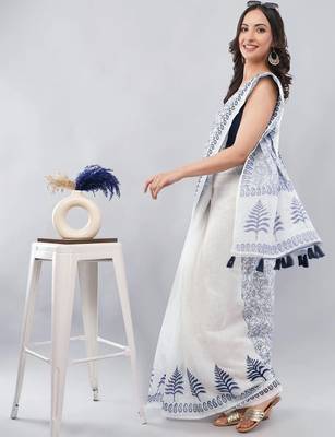 White linen printed saree with blouse 3