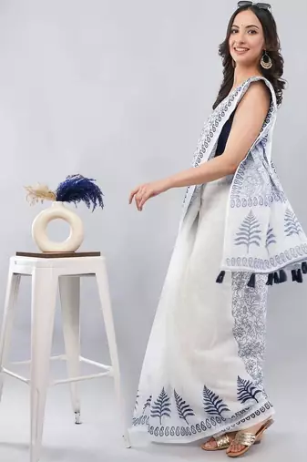 White linen printed saree with blouse