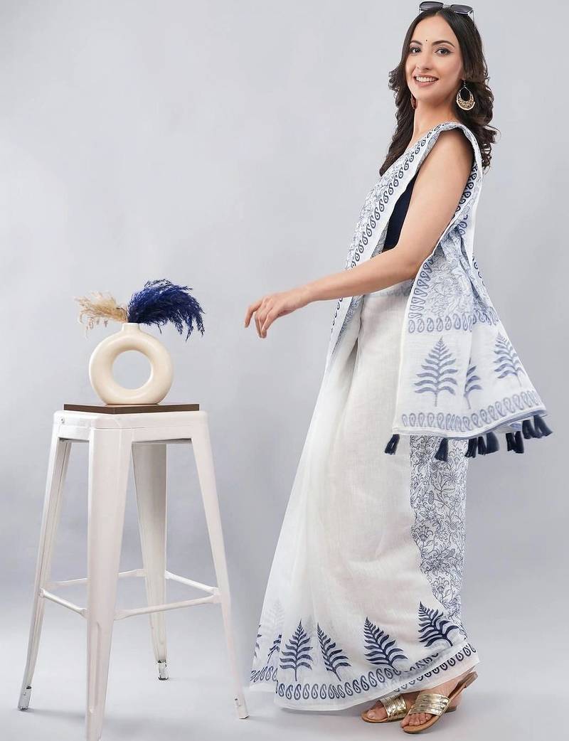 White linen printed saree with blouse