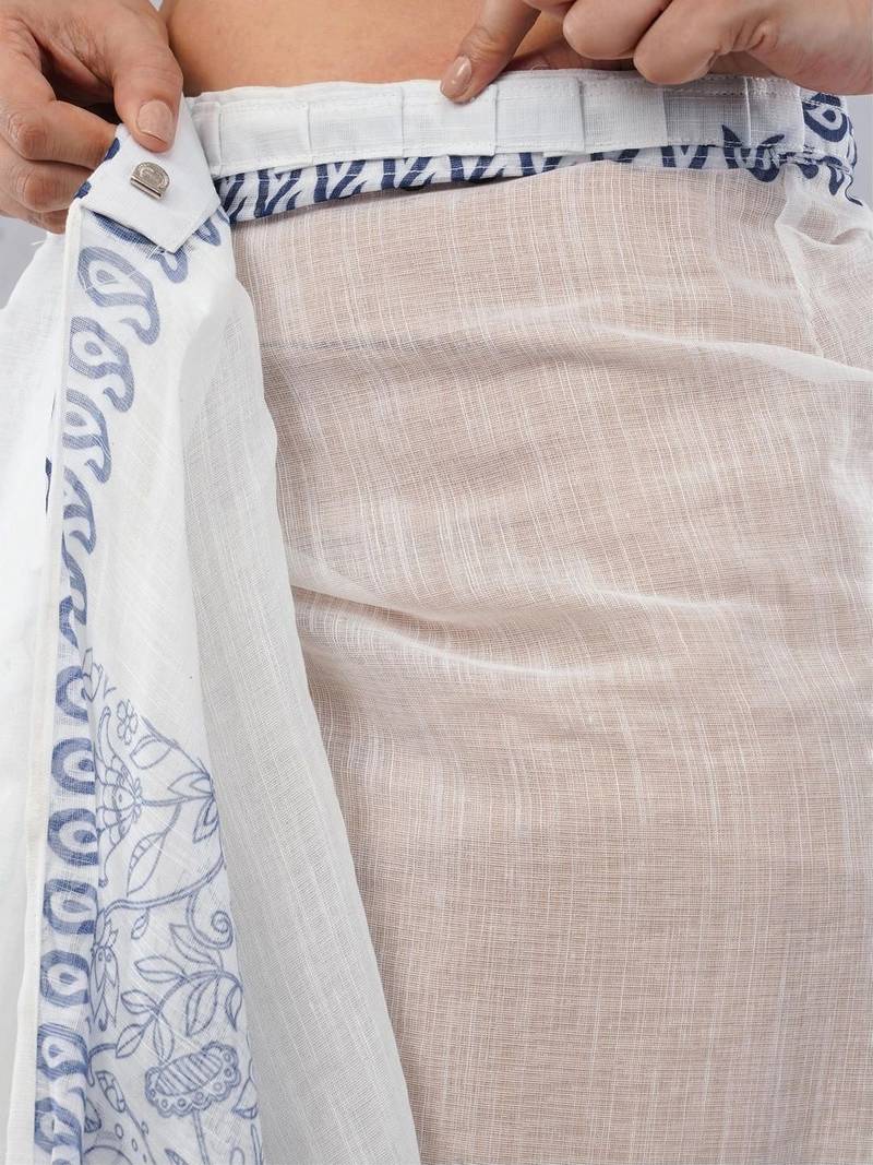 White linen printed saree with blouse