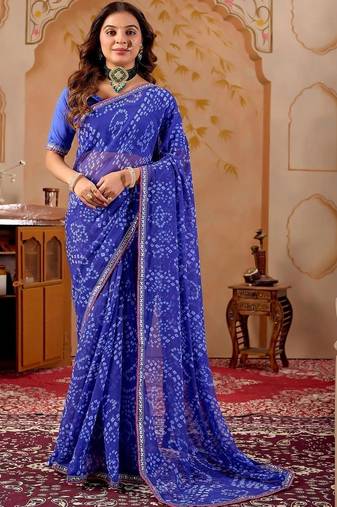 Blue chiffon printed saree with blouse