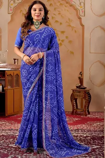 Blue chiffon printed saree with blouse