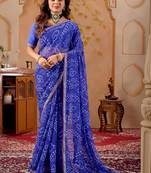 Blue chiffon printed saree with blouse
