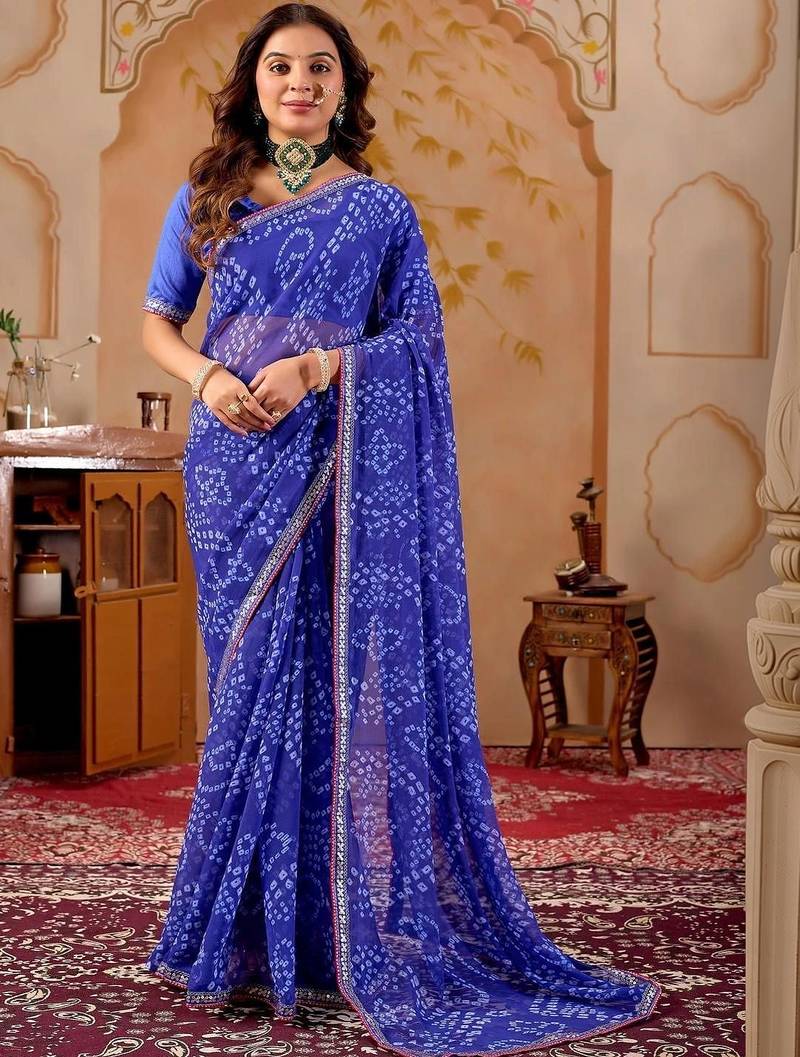 Blue chiffon printed saree with blouse