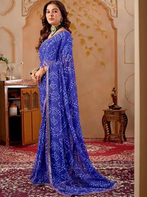 Blue chiffon printed saree with blouse 2