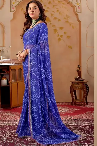 Blue chiffon printed saree with blouse