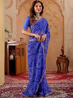 Blue chiffon printed saree with blouse 3