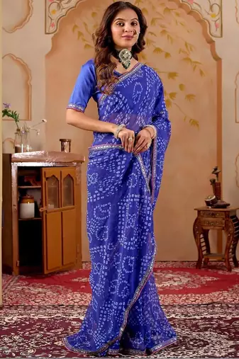 Blue chiffon printed saree with blouse